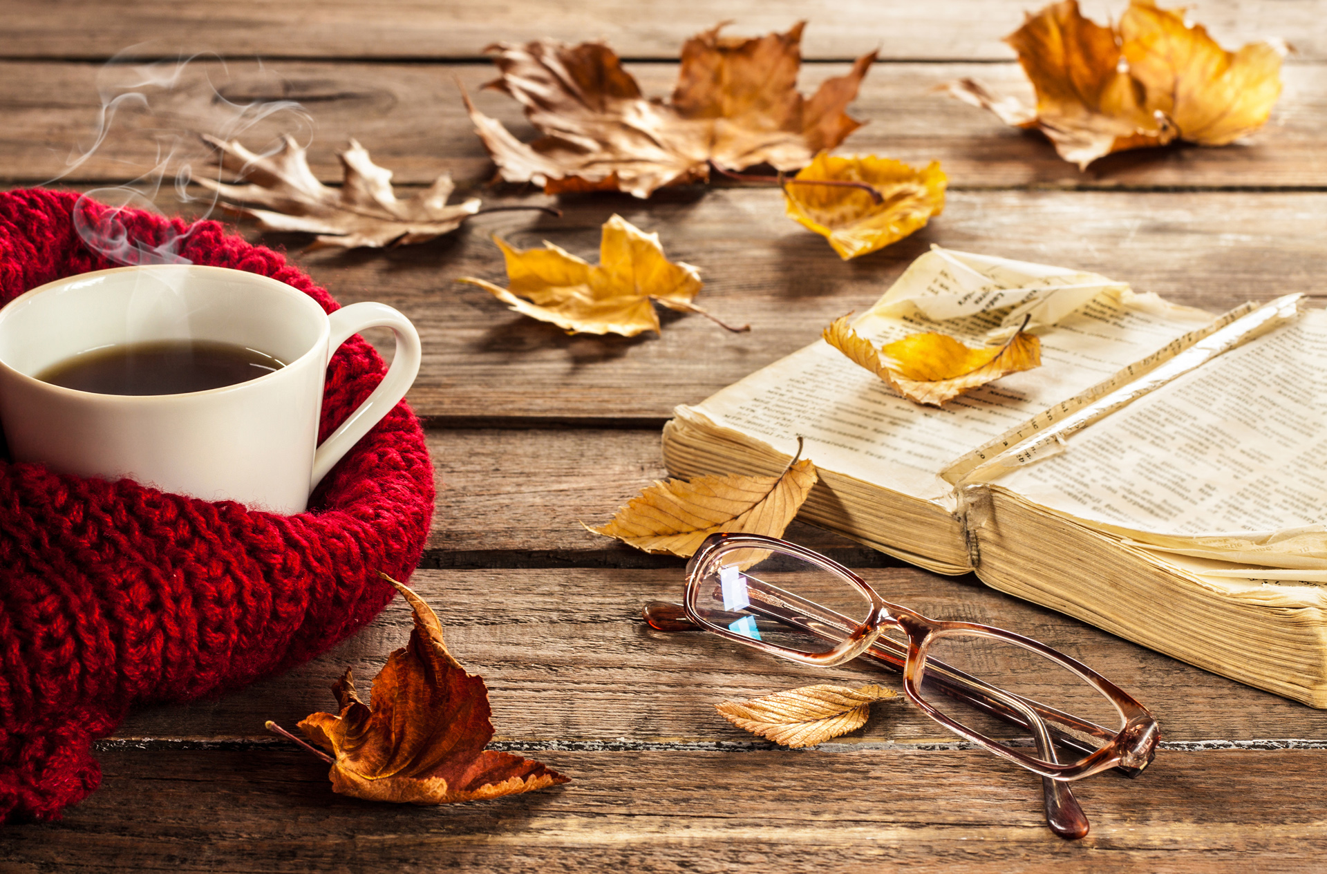 coffee, book, fall leaves