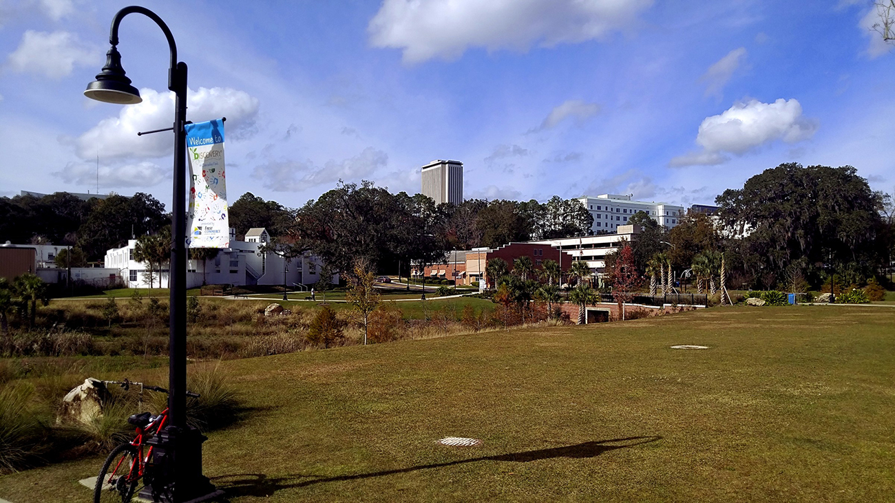 Brand new Cascades Park, a multi-purpose outdoor area with an amphitheater and live music venues, with the Florida state capitol building towering in the background.