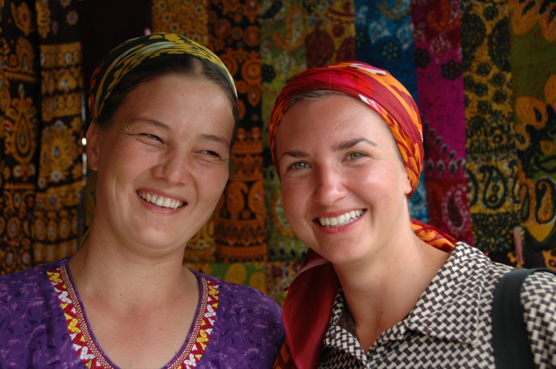 Audrey with a local Turkmen woman in 'dangerous' Turkmenistan. Photo courtesy of Uncornered Market[http://uncorneredmarket.com/danger-map-world-fear-awareness/].