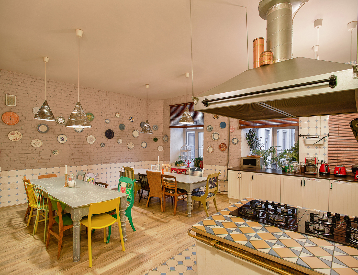 Kitchen and dining area at Soul Kitchen Hostel in St. Petersburg, Russia