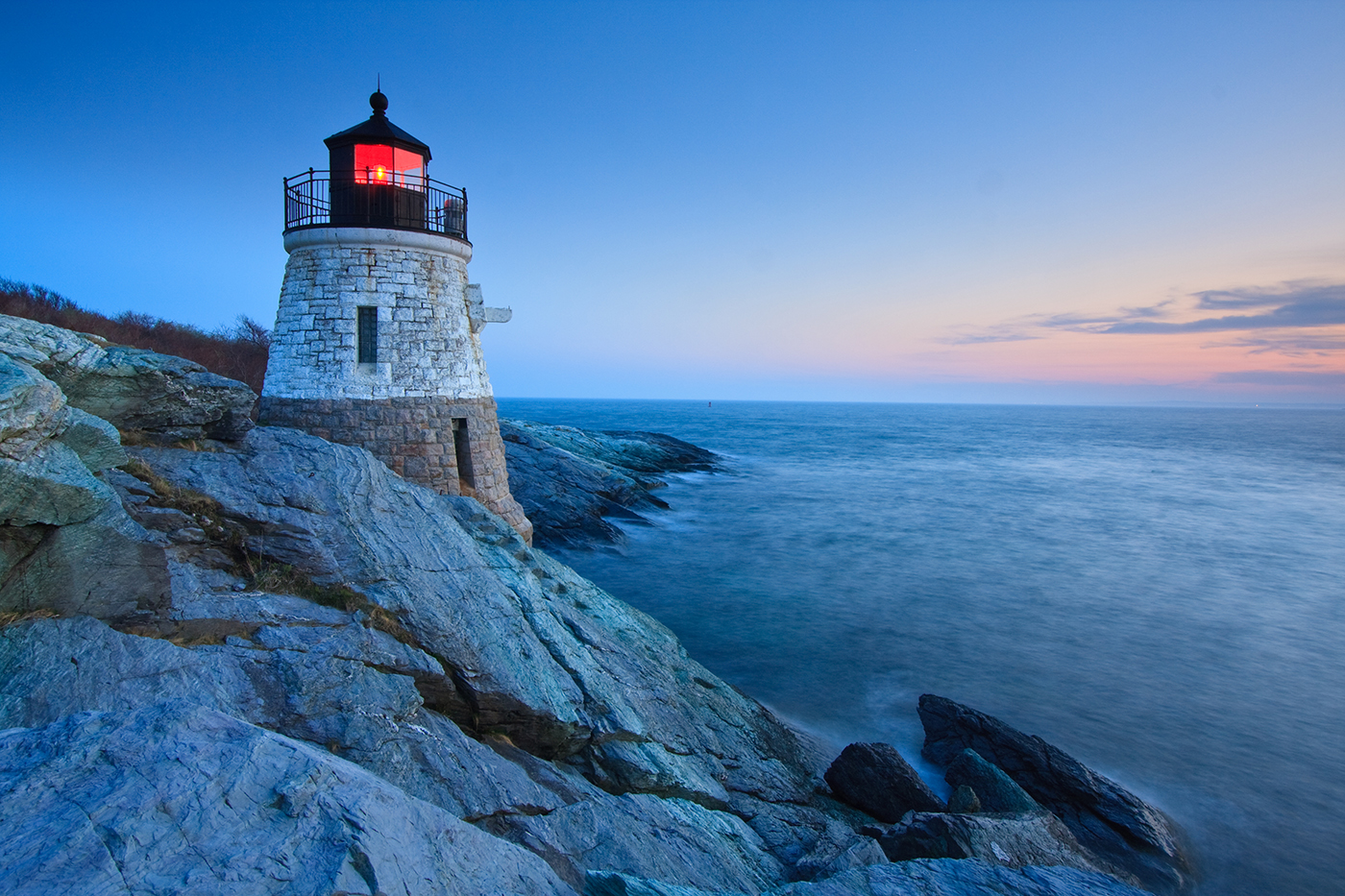 Castle Hill Lighthouse on Narragansett Bay in Newport, Rhode Island.