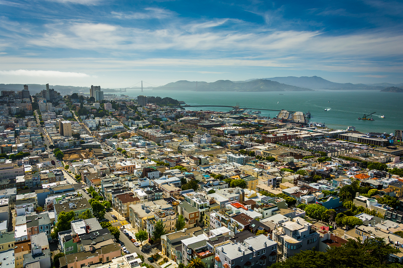 View of North Beach and the San Francisco Bay from Coit Tower, in San Francisco, California.
